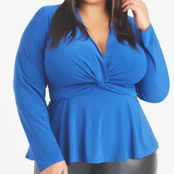 Ashley Stewart Blue Twist Front Low Cut Blouse, Slinky Material - Picture 1 of 8